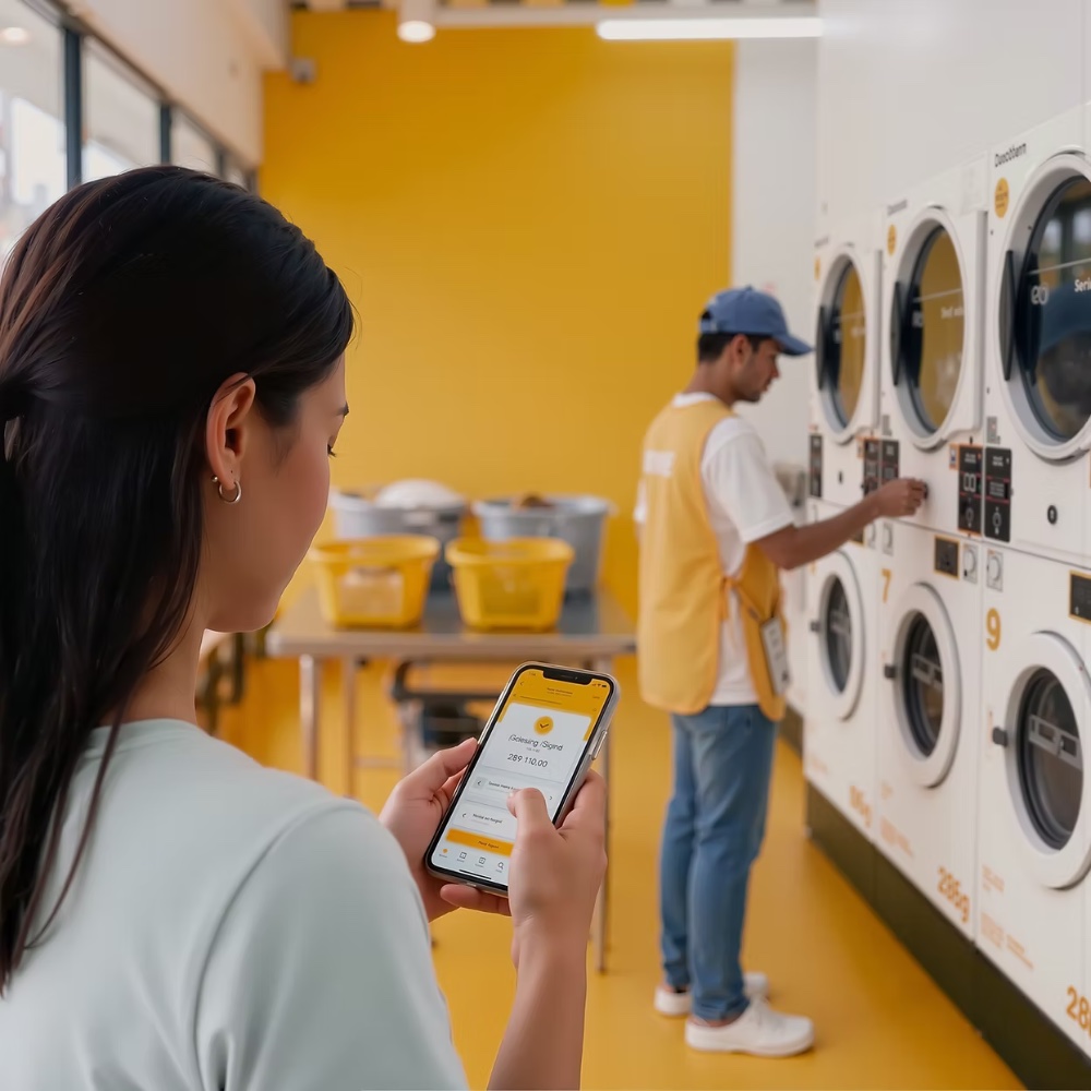 Customer using the Presto app while staff run the machines